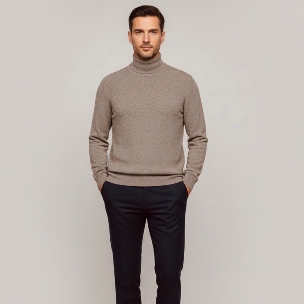 $860 Malo PureCashmere Argyle Turtleneck Sweater Men Italian Size 56 Taupe